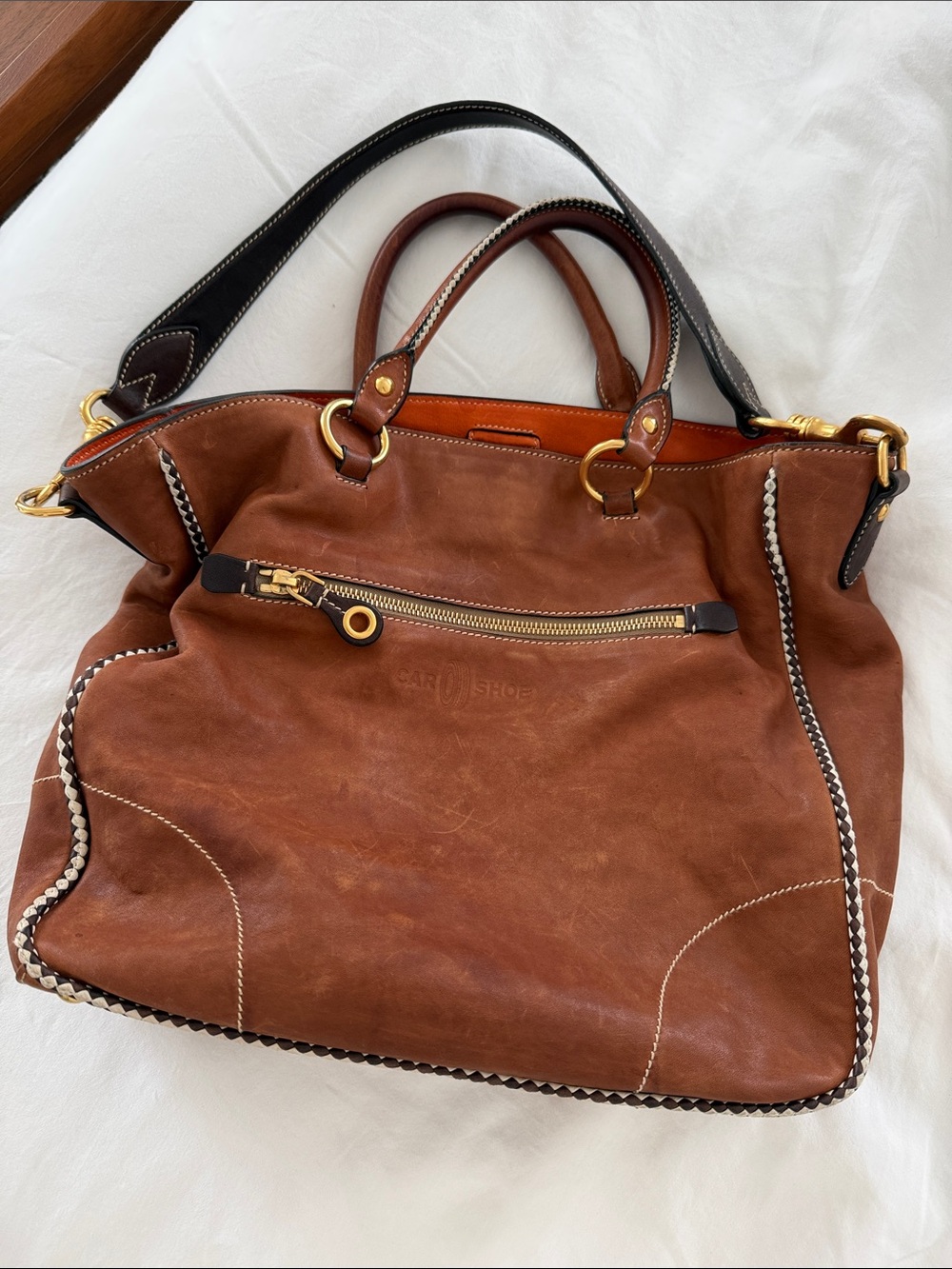 Brown Leather Tote with Black Strap and Gold Hardware